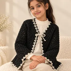 Kids’ Black Crochet Cardigan with Ivory Trim