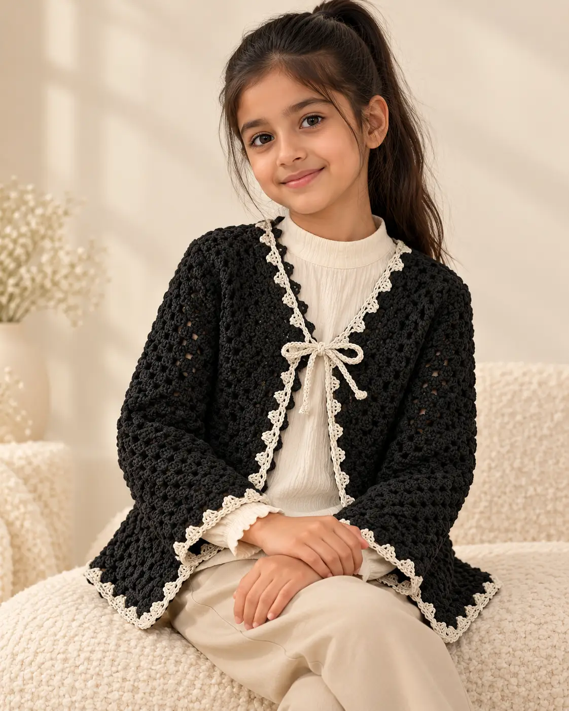 Ivory-Trimmed Black Crochet Cardigan