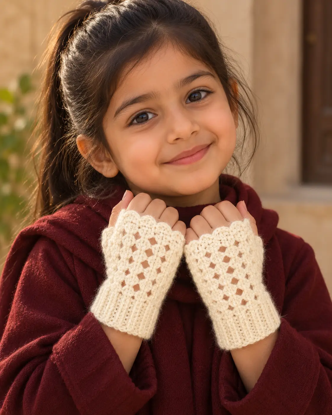 Ivory child fingerless crochet gloves-9