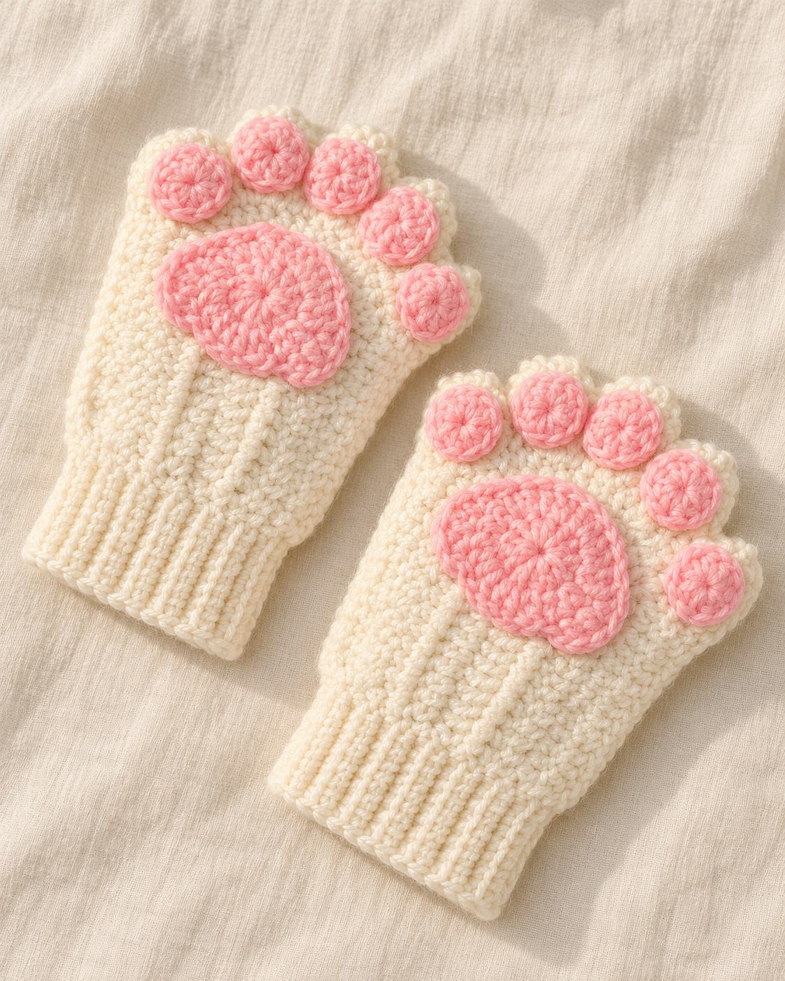 Pink-paw ivory crochet fingerless gloves-1