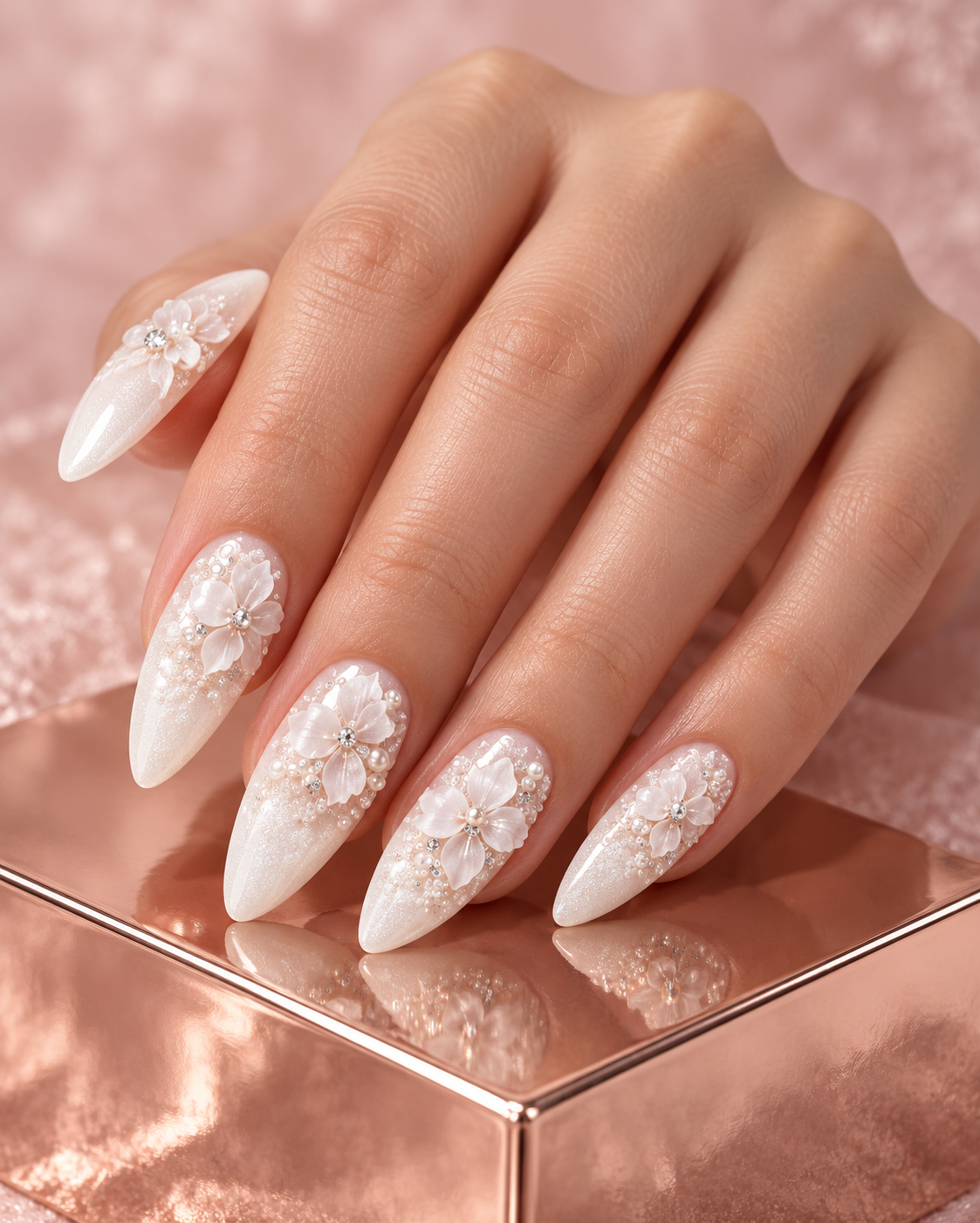 Ivory floral bridal nails on rose gold-9