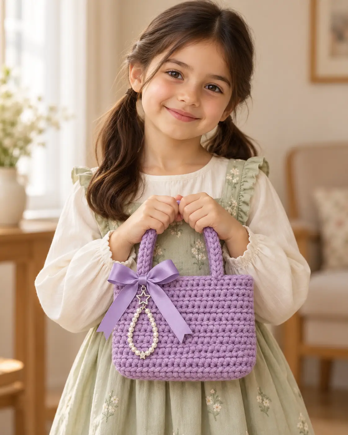 Lavender crochet handbag with satin bow-1