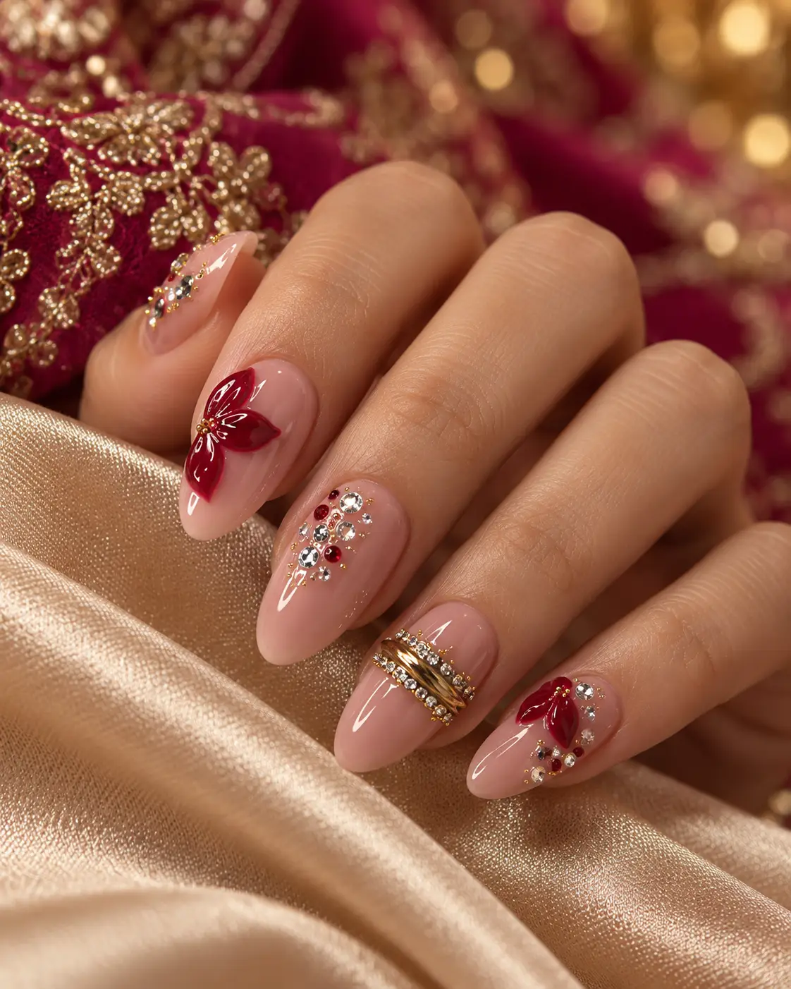 Luxury Burgundy Floral Bridal Nails-5