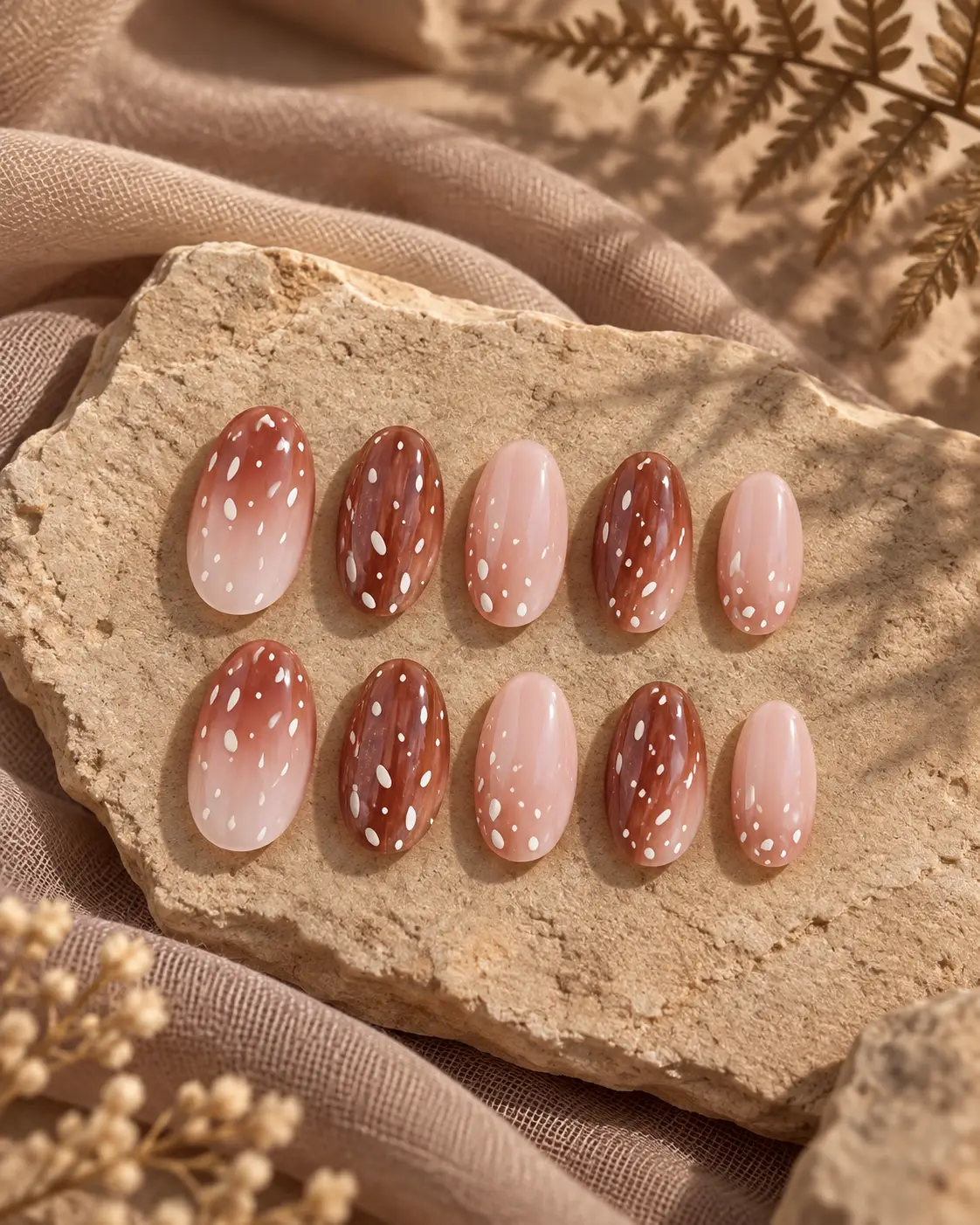 Glossy blush-chocolate spotted manicure-8