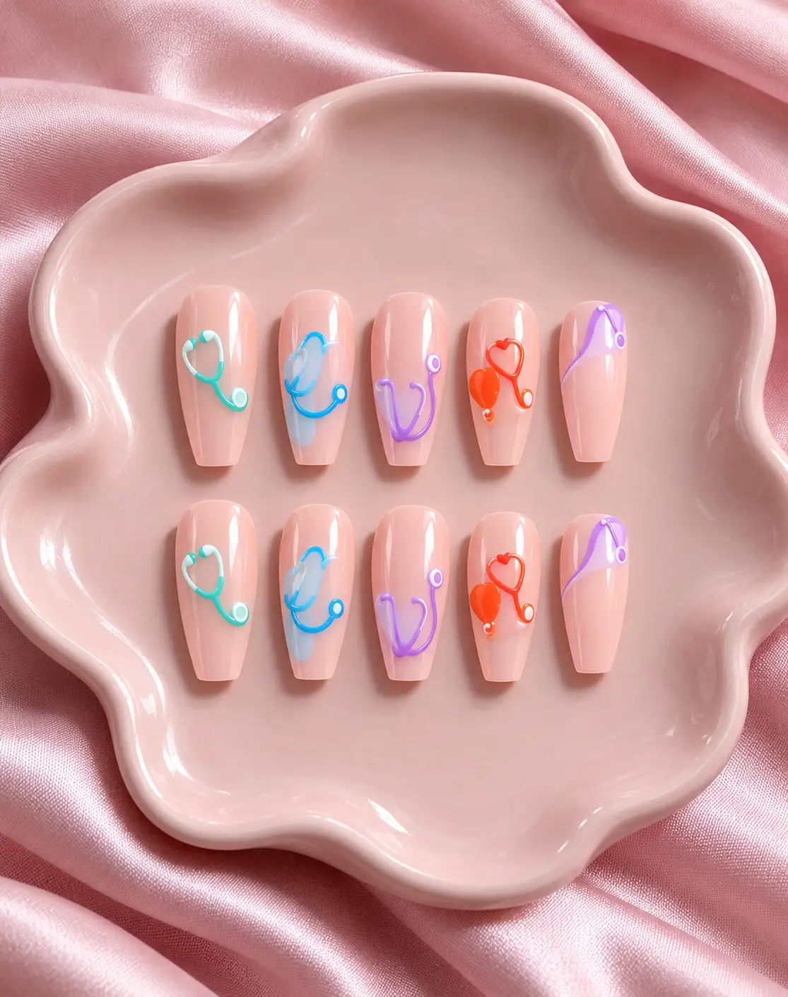 Blush Coffin Nails with Colorful Stethoscopes-15