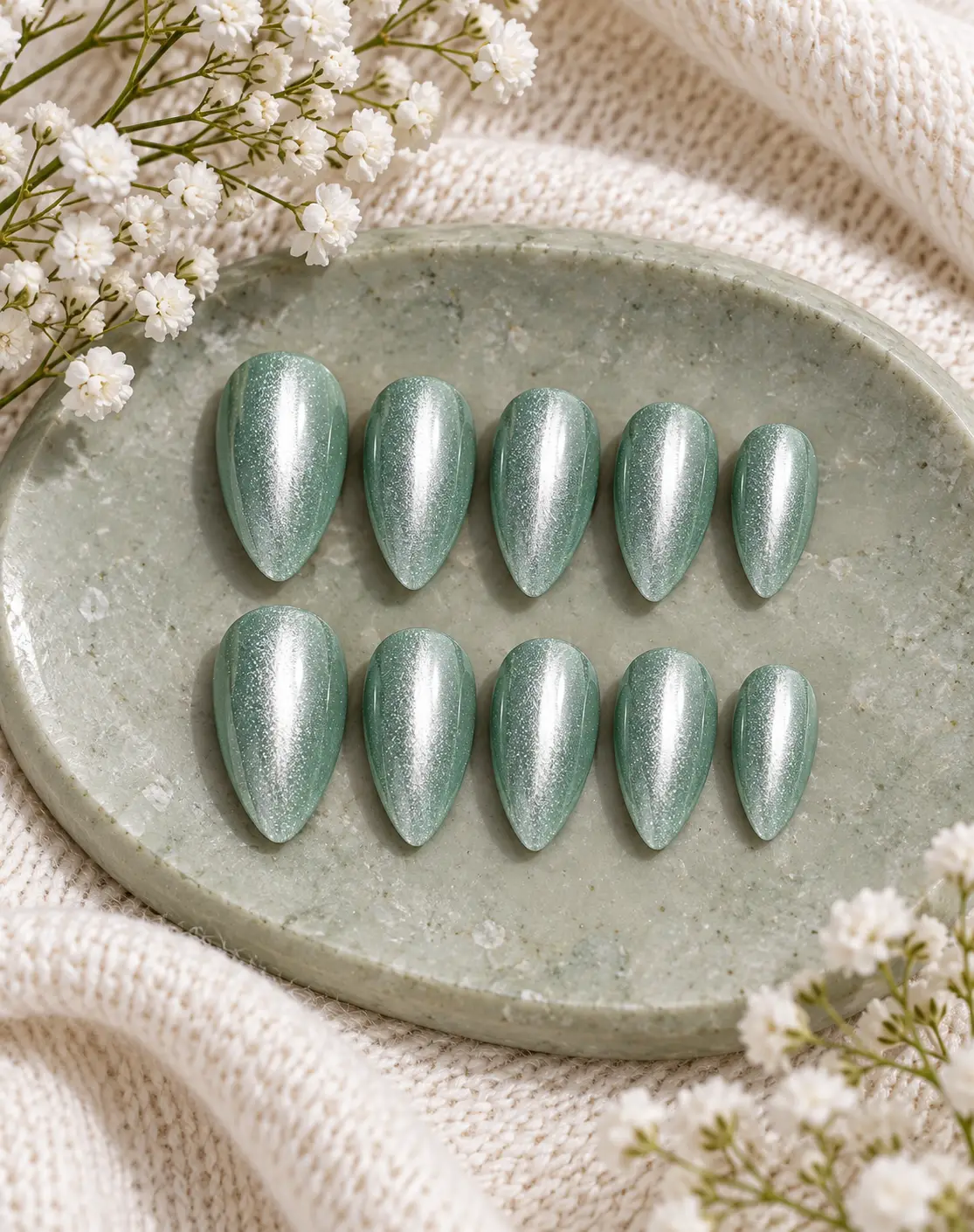 Sage green nails beside white flowers