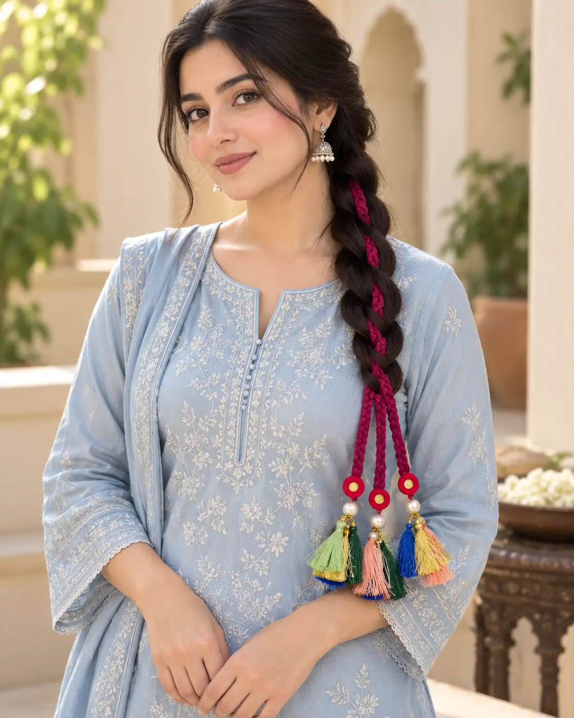 Magenta braided paranda with pearl tassels
