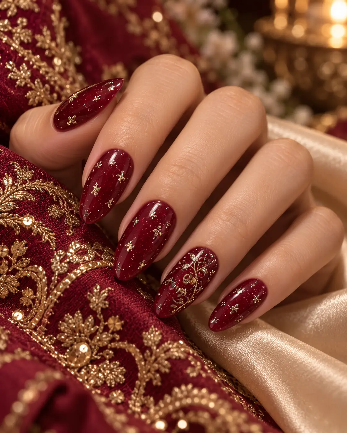 Maroon gold botanical press-on nails-7