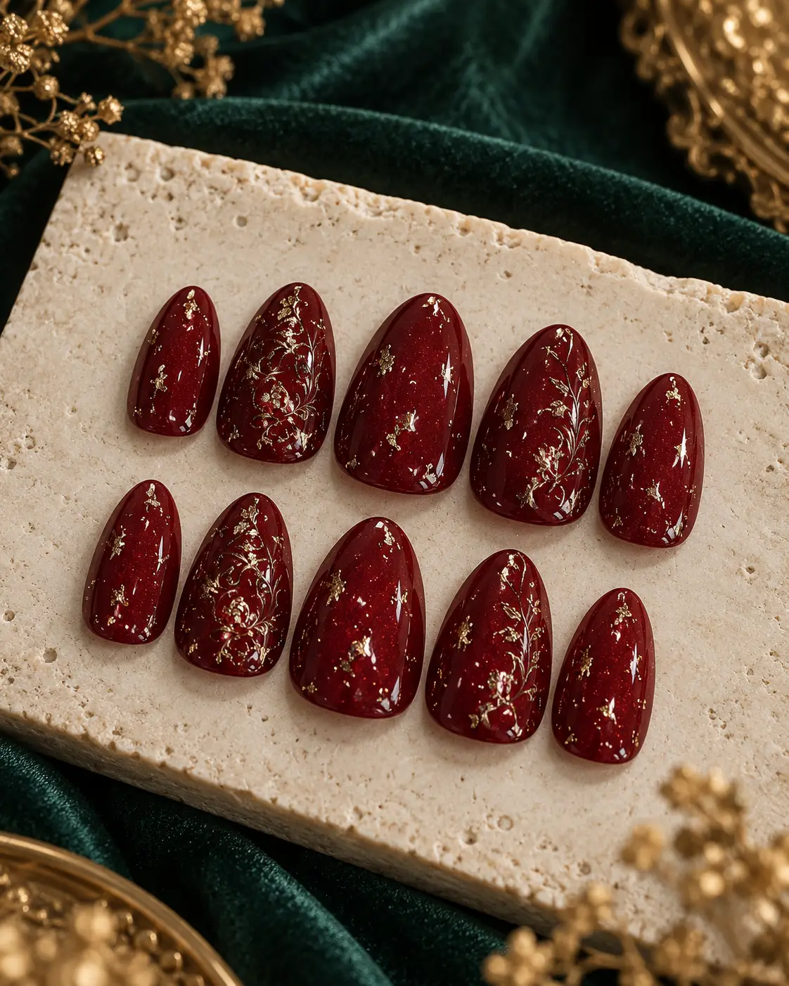 Maroon gold botanical press-on nails-7