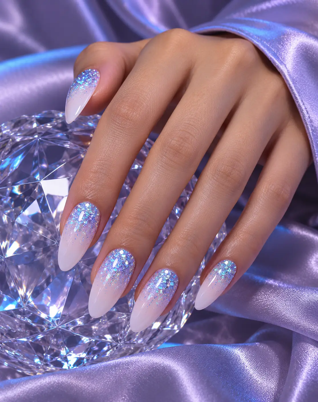 Milky Pink Blue-Silver Ombre Nails-17