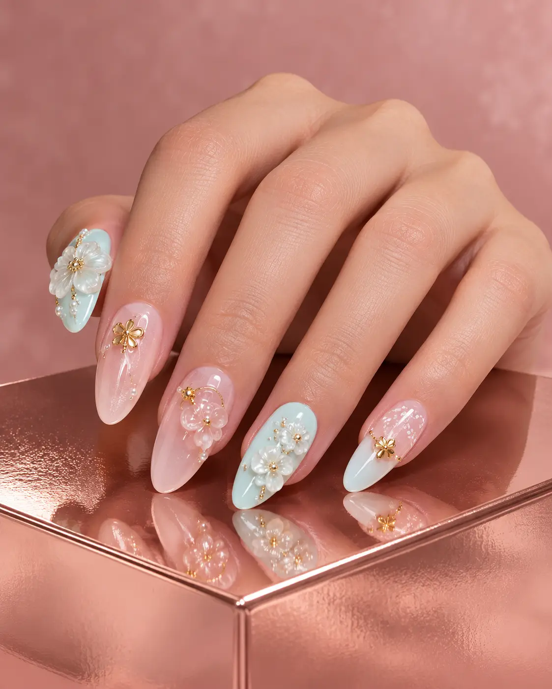 Mint Blush Daisy Nail Art-12