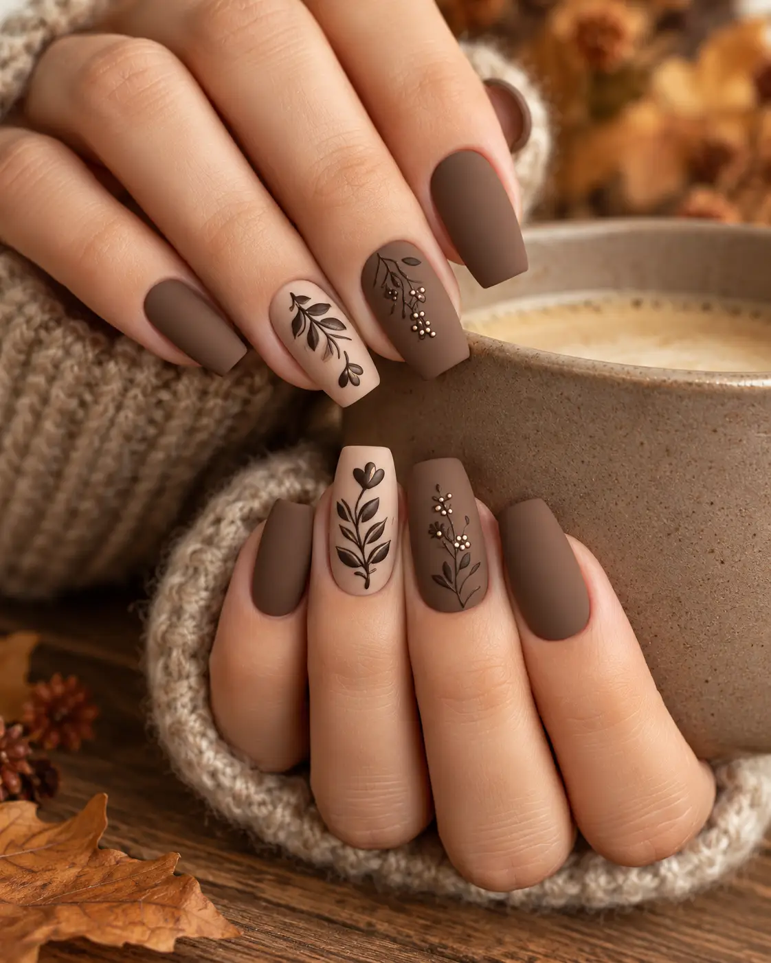 Mocha Botanical Nails with Autumn Cup-11