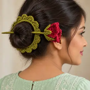 Olive Crochet Bun Holder with Burgundy Rose Hair Stick