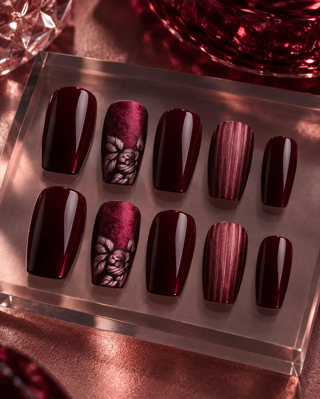 Oxblood velvet nails with rose accents-1