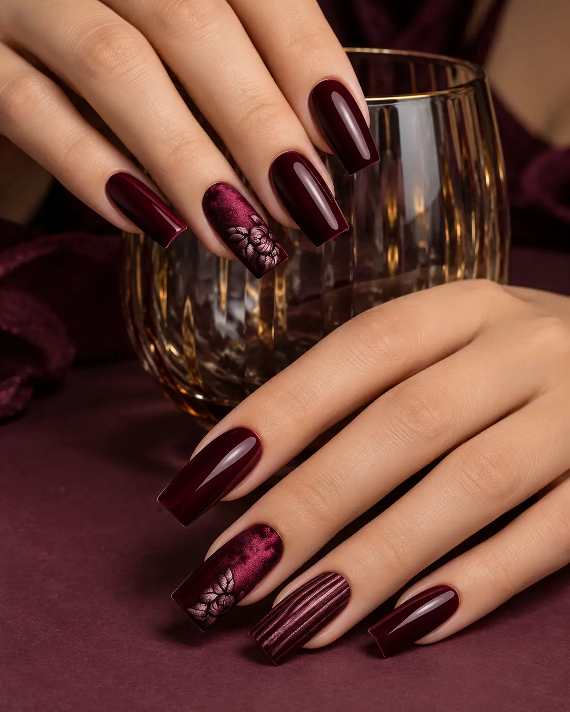 Oxblood velvet nails with rose accents-1