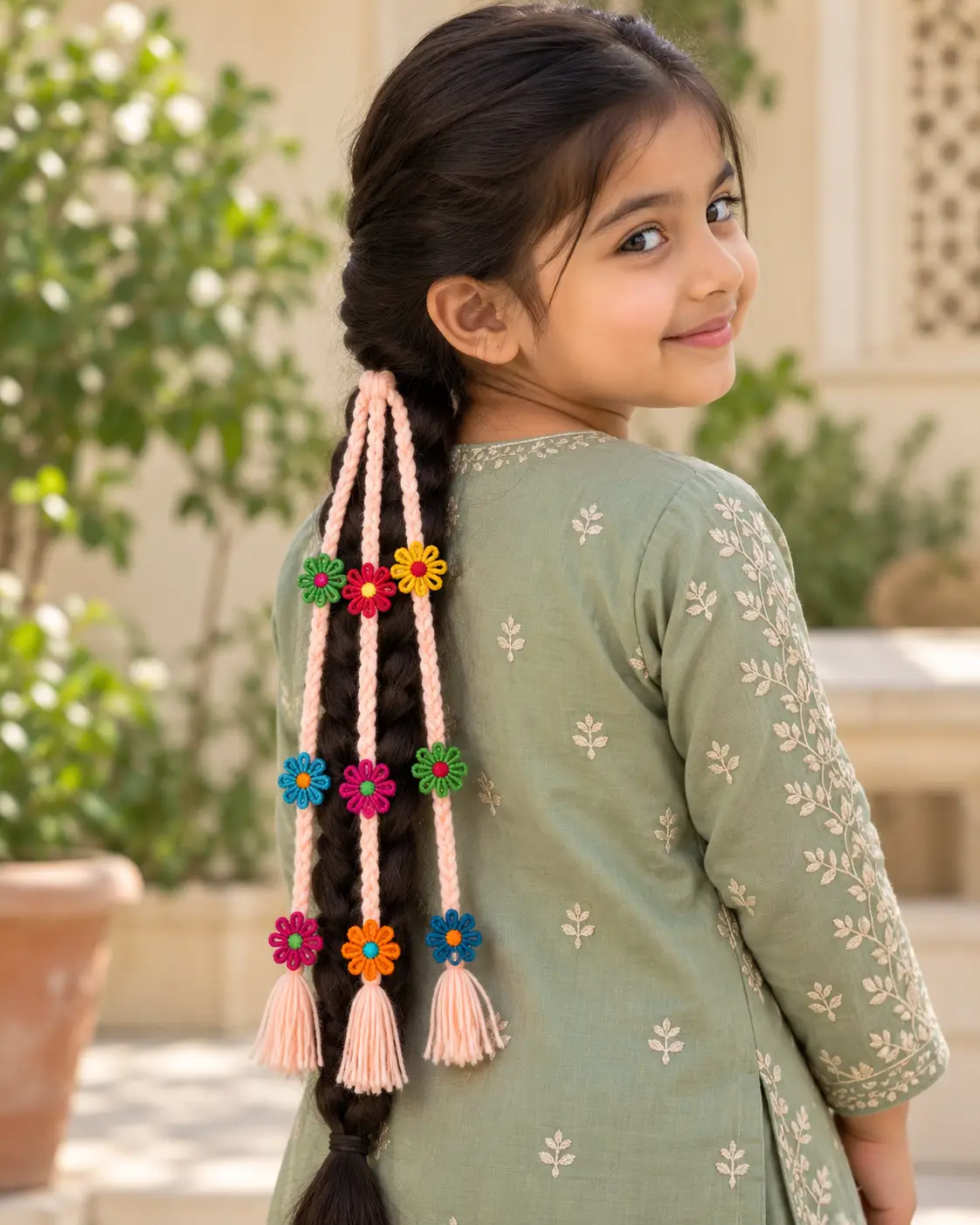 Pakistani girl with a colorful peach paranda-1