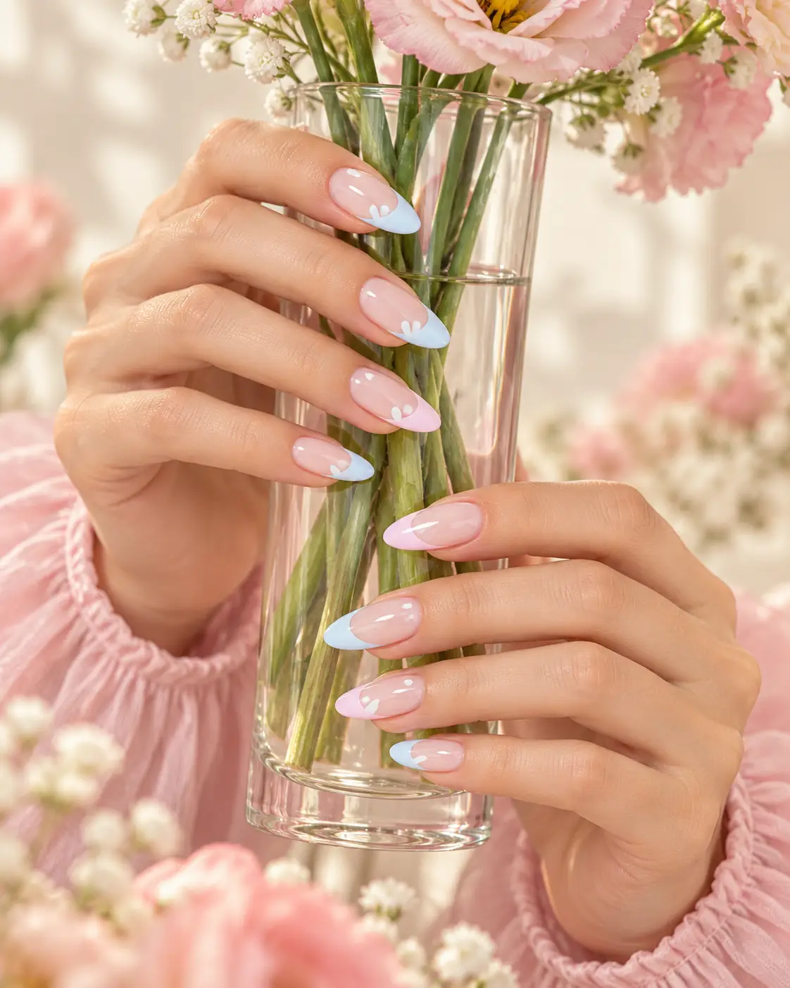Pastel French Nails Holding a Glass Vase-5