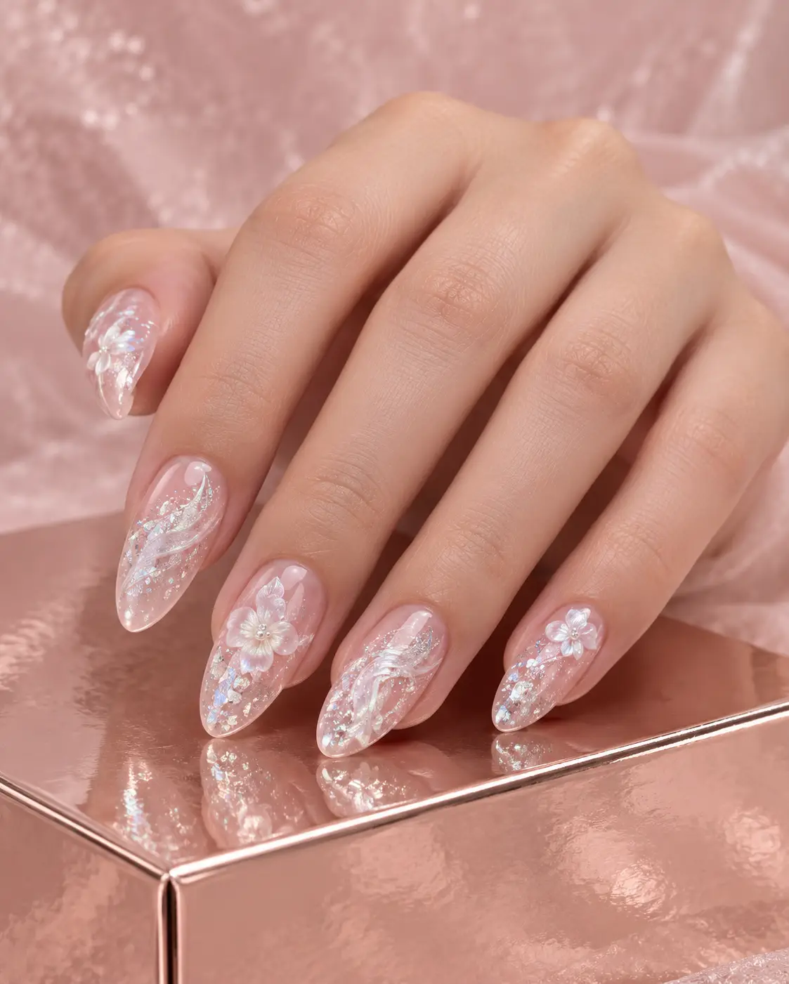 Pastel pink floral glitter manicure-5