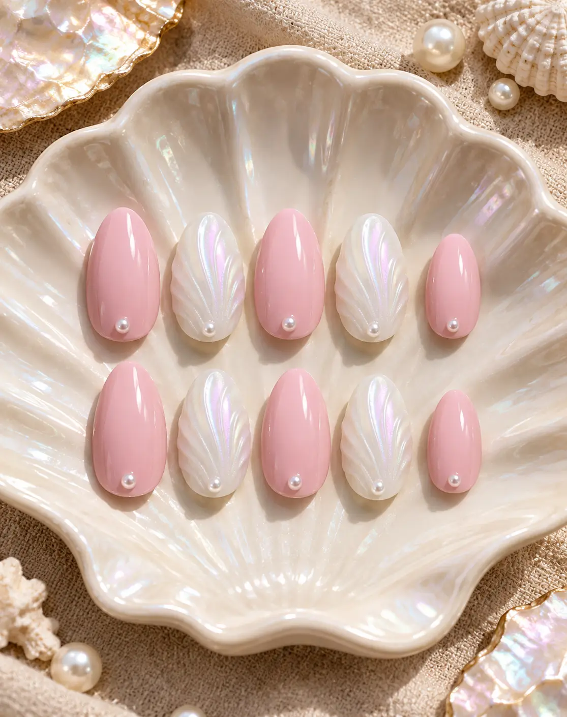 Blush pink and seashell pearl nails-13