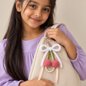Pink Cherry Crochet Keychain with Bow & Pearl-Style Loop