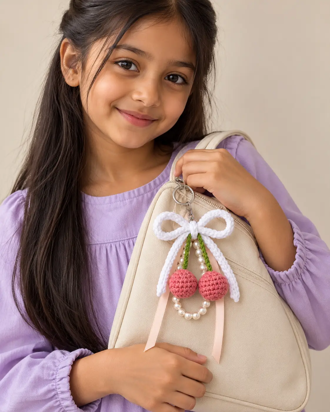 Pink cherry crochet keychain on beige bag-5