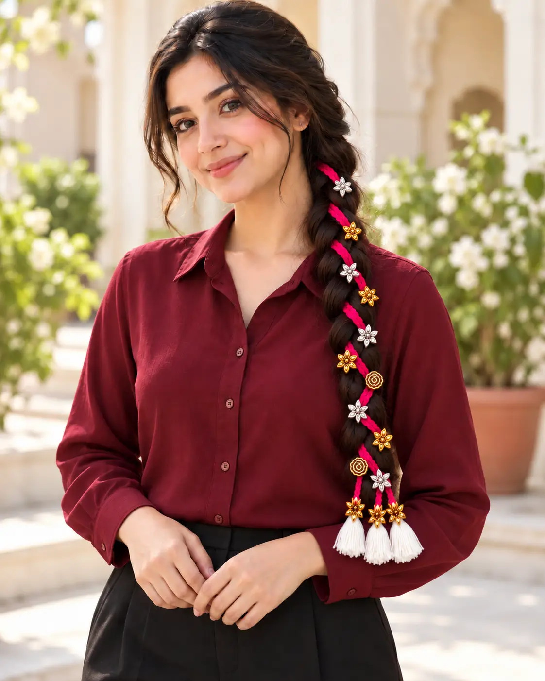 Pink paranda woven into a dark braid