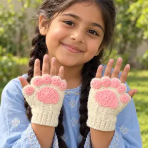Kids’ Ivory Crochet Fingerless Gloves with Pink Paw Details