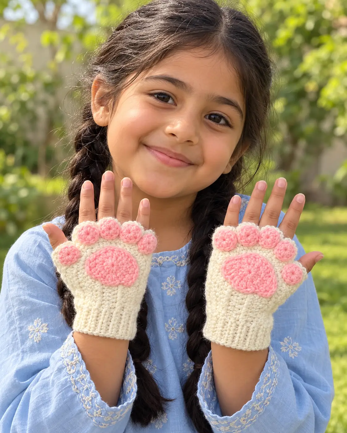 Pink-paw ivory crochet fingerless gloves-1