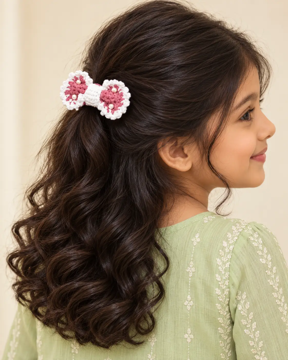 Pistachio Kurta and Pink Crochet Bow