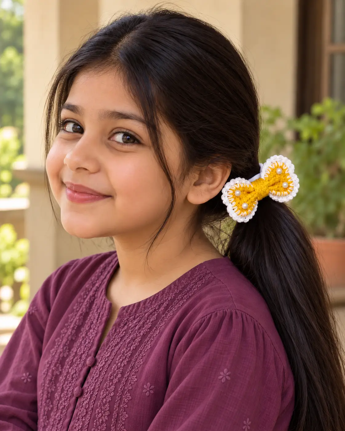 Plum kurta and yellow crochet bow