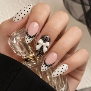Ivory Polka Dot Lace Bow Press-On Nails