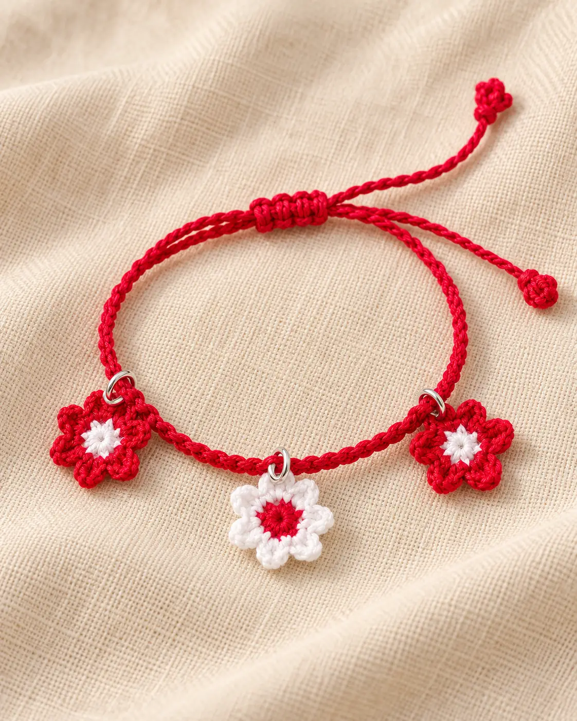 Red Crochet Bracelet with Three Flowers-3