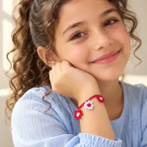 Red Crochet Bracelet with Three Flower Charms