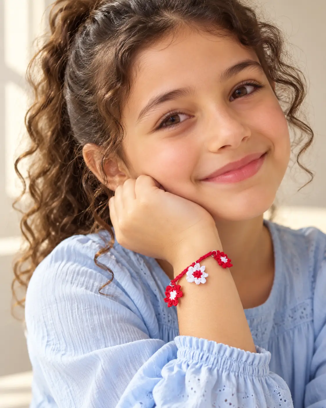 Red Crochet Bracelet with Three Flowers-3