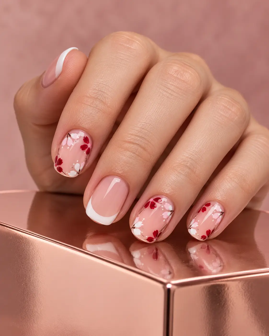 Rose Gold Floral French Tip Nails-1