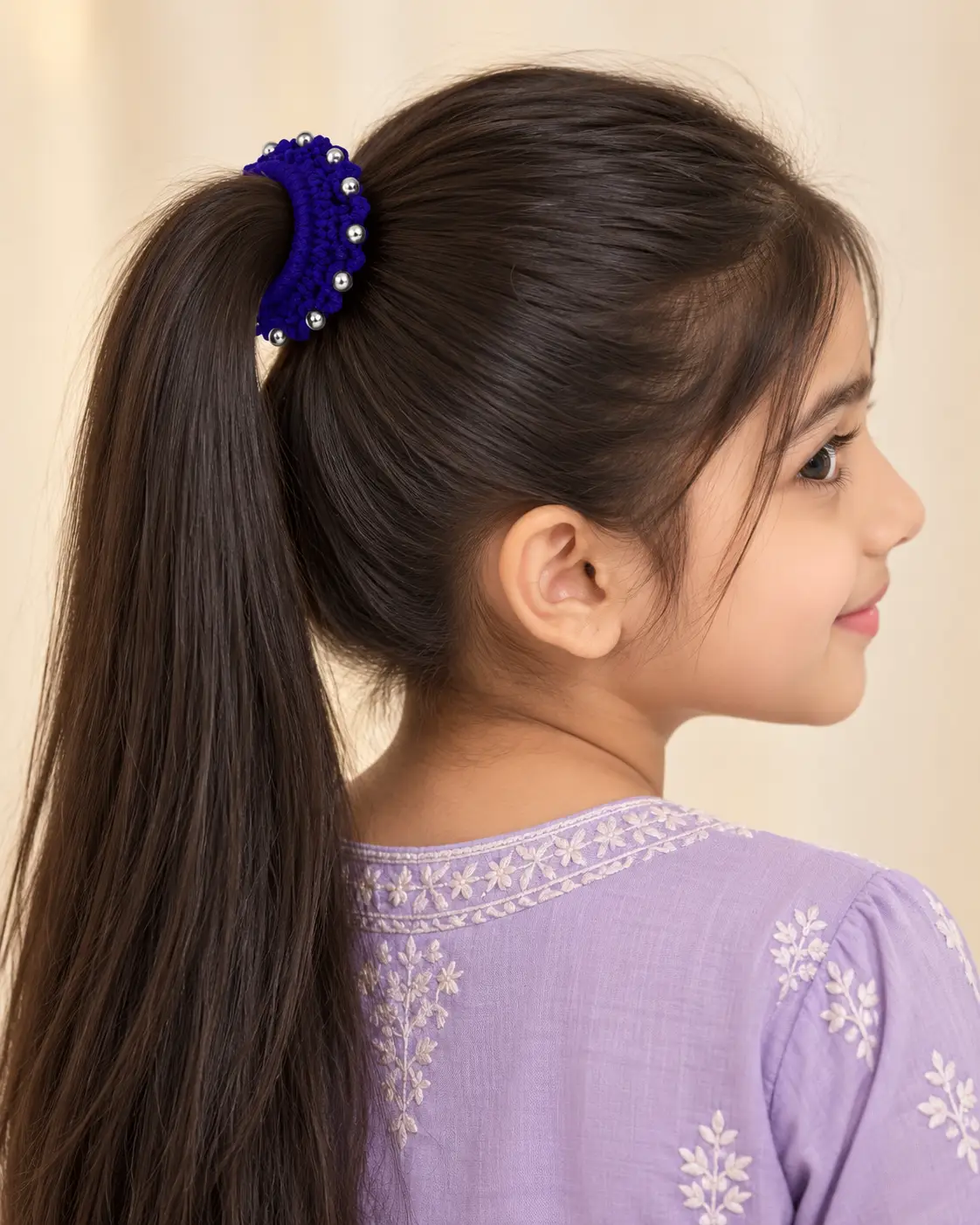 Royal blue beaded crochet ponytail tie