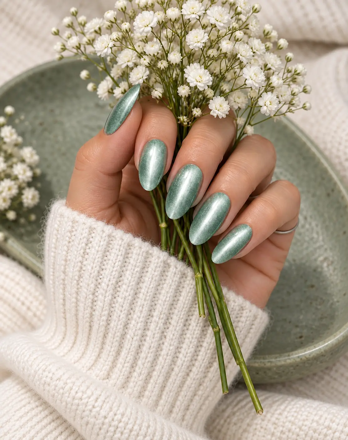 Sage green nails beside white flowers
