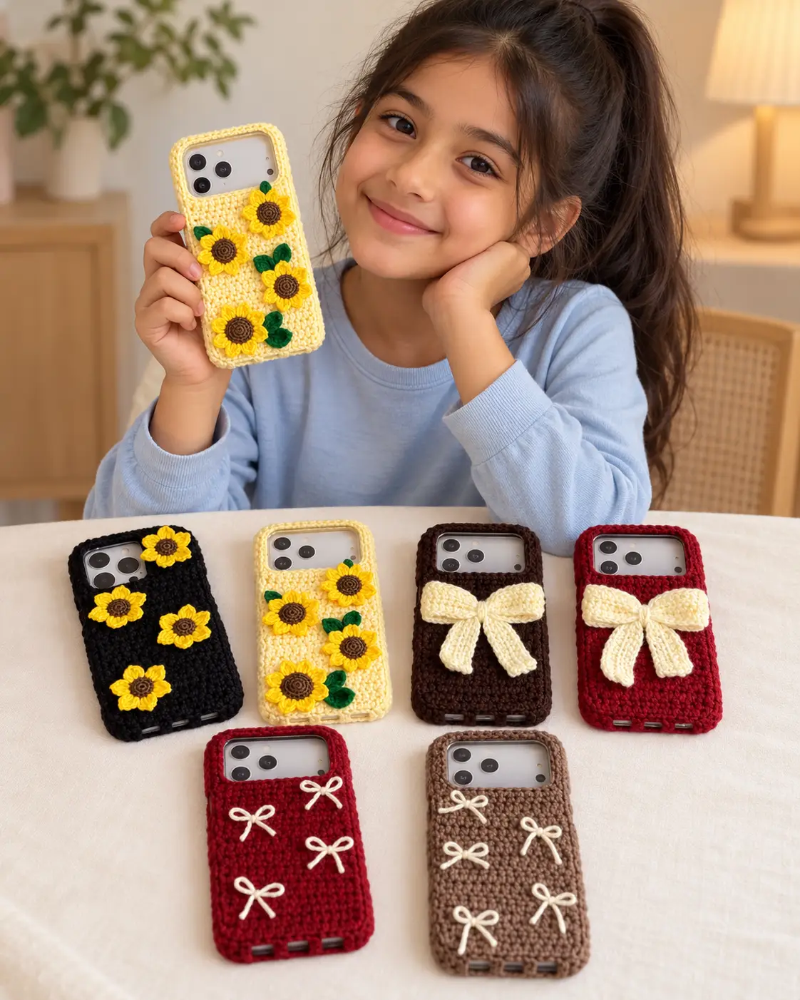 Seven crocheted phone covers, sunflowers and bows-5