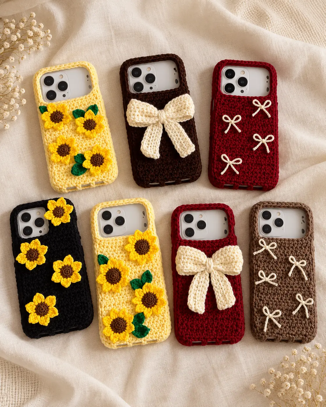 Seven crocheted phone covers, sunflowers and bows-5
