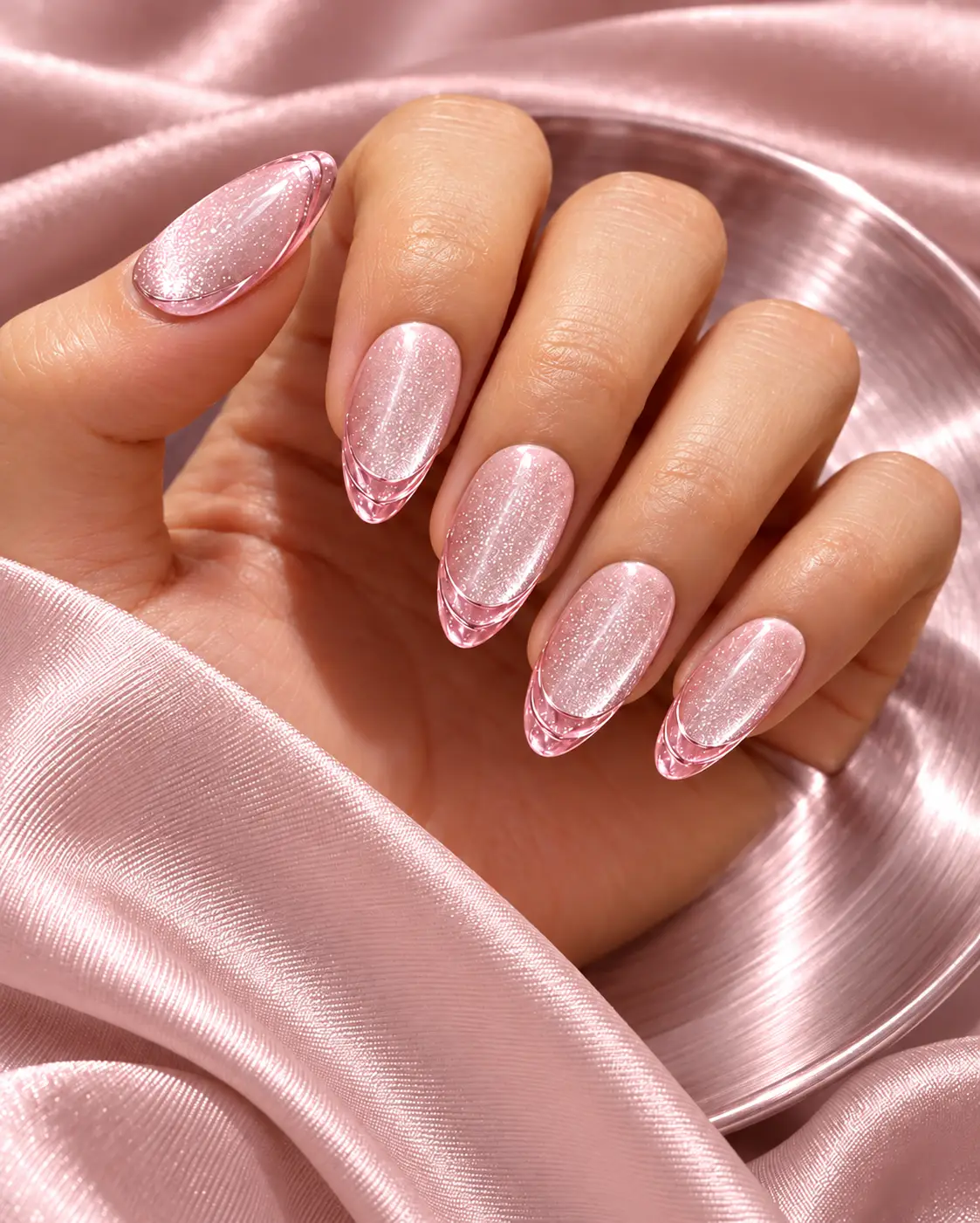 Soft pink cat-eye nails on satin