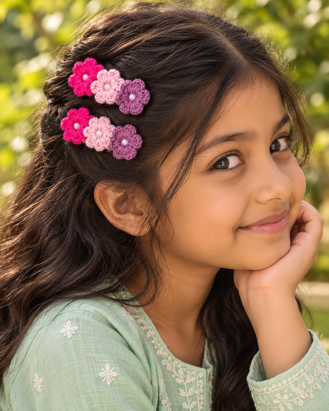 Three-flower crochet barrettes in side hair-7
