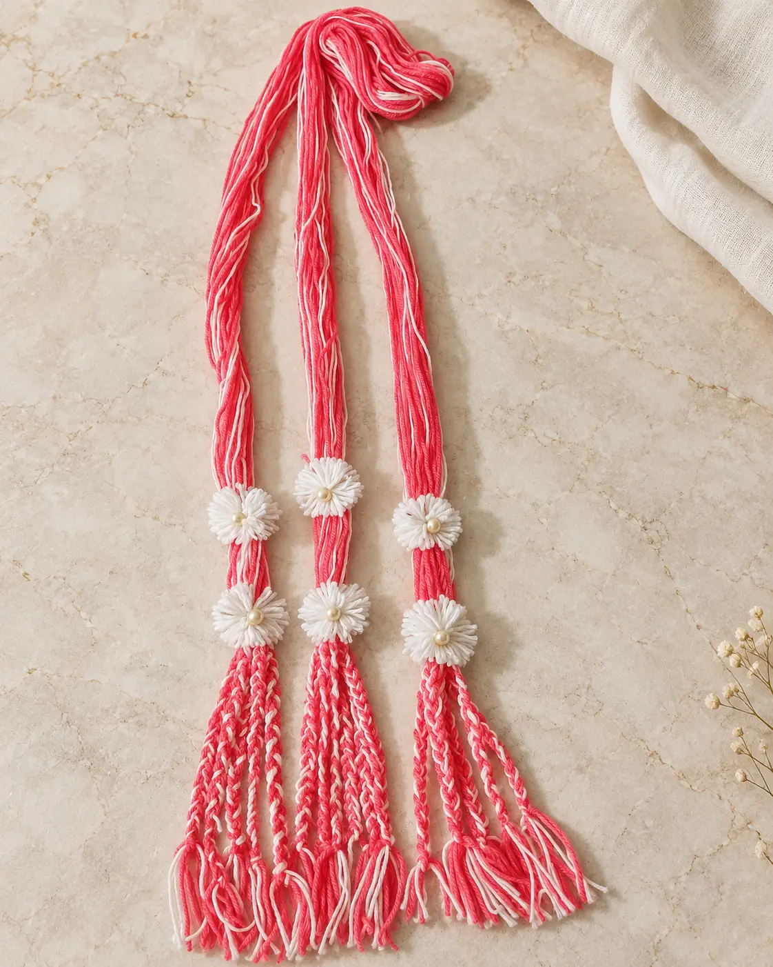 Six daisies on three braided tassels-4