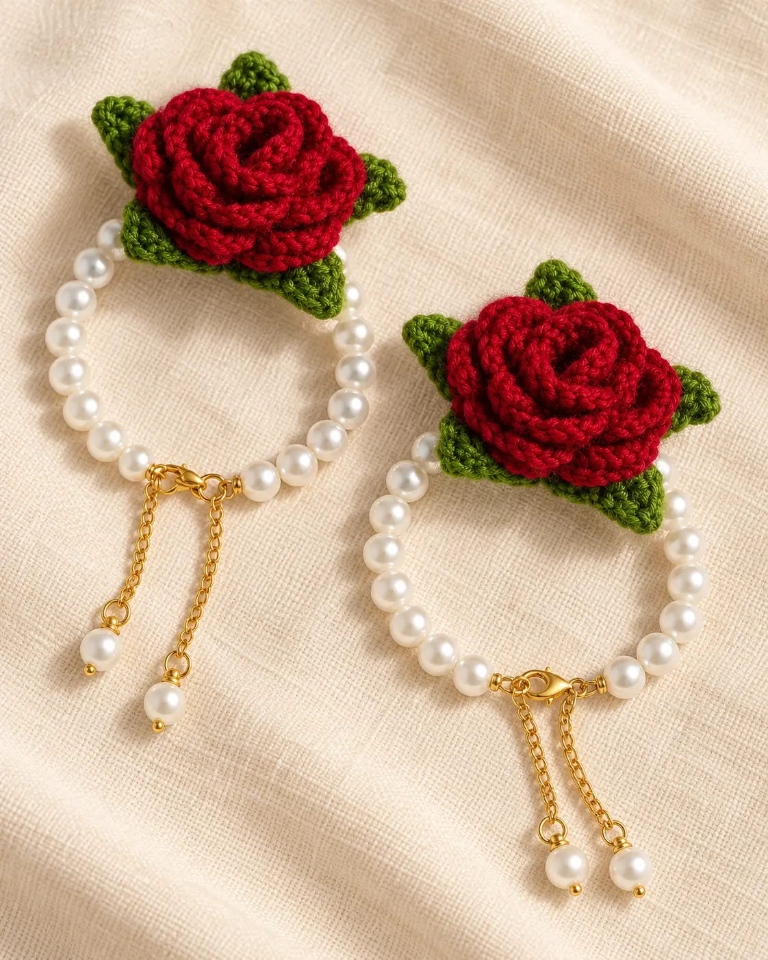 Twin red crochet rose pearl bracelets-8