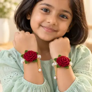 Red Crochet Rose Pearl-Style Bracelet