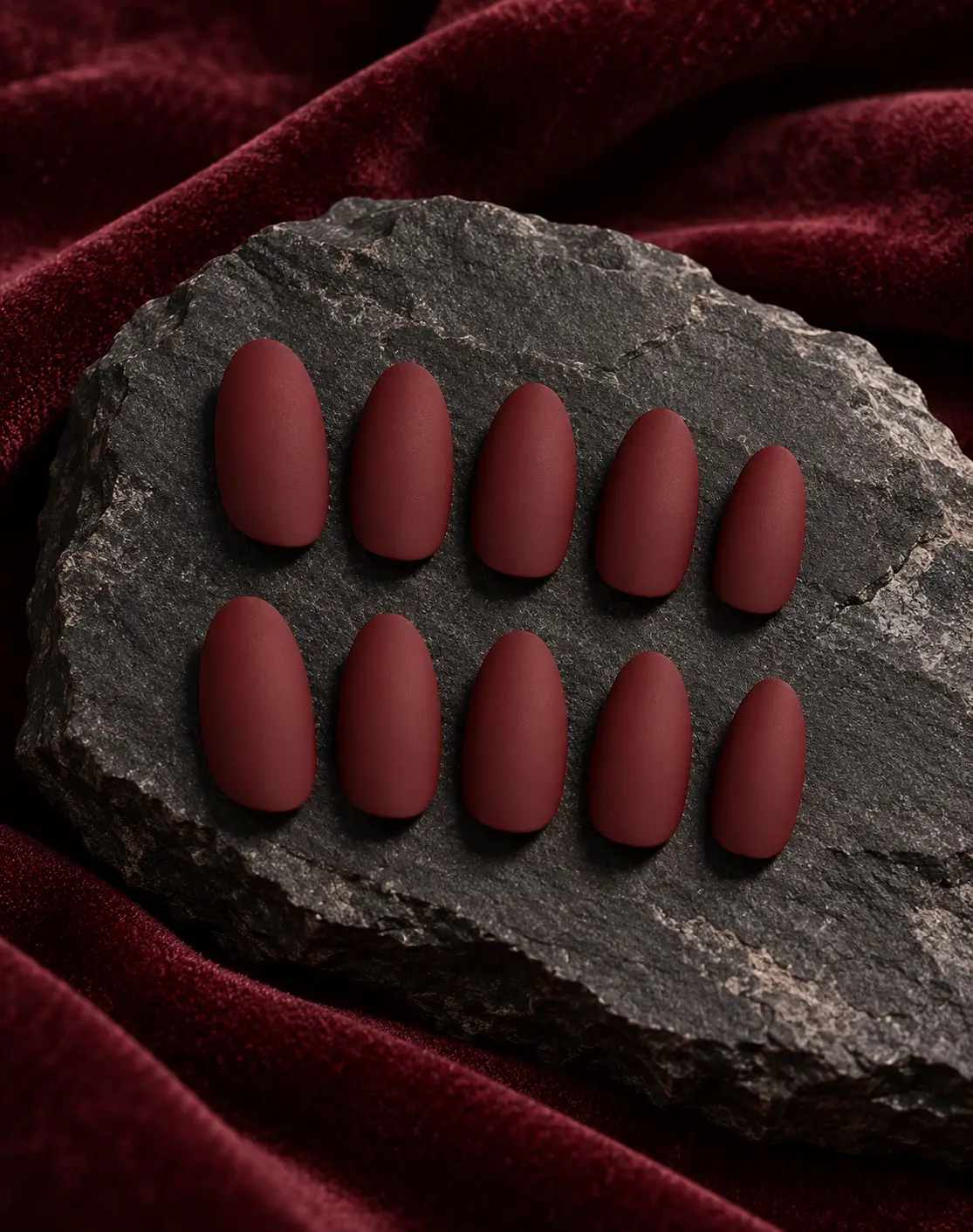 Luxury velvet burgundy almond nails-12