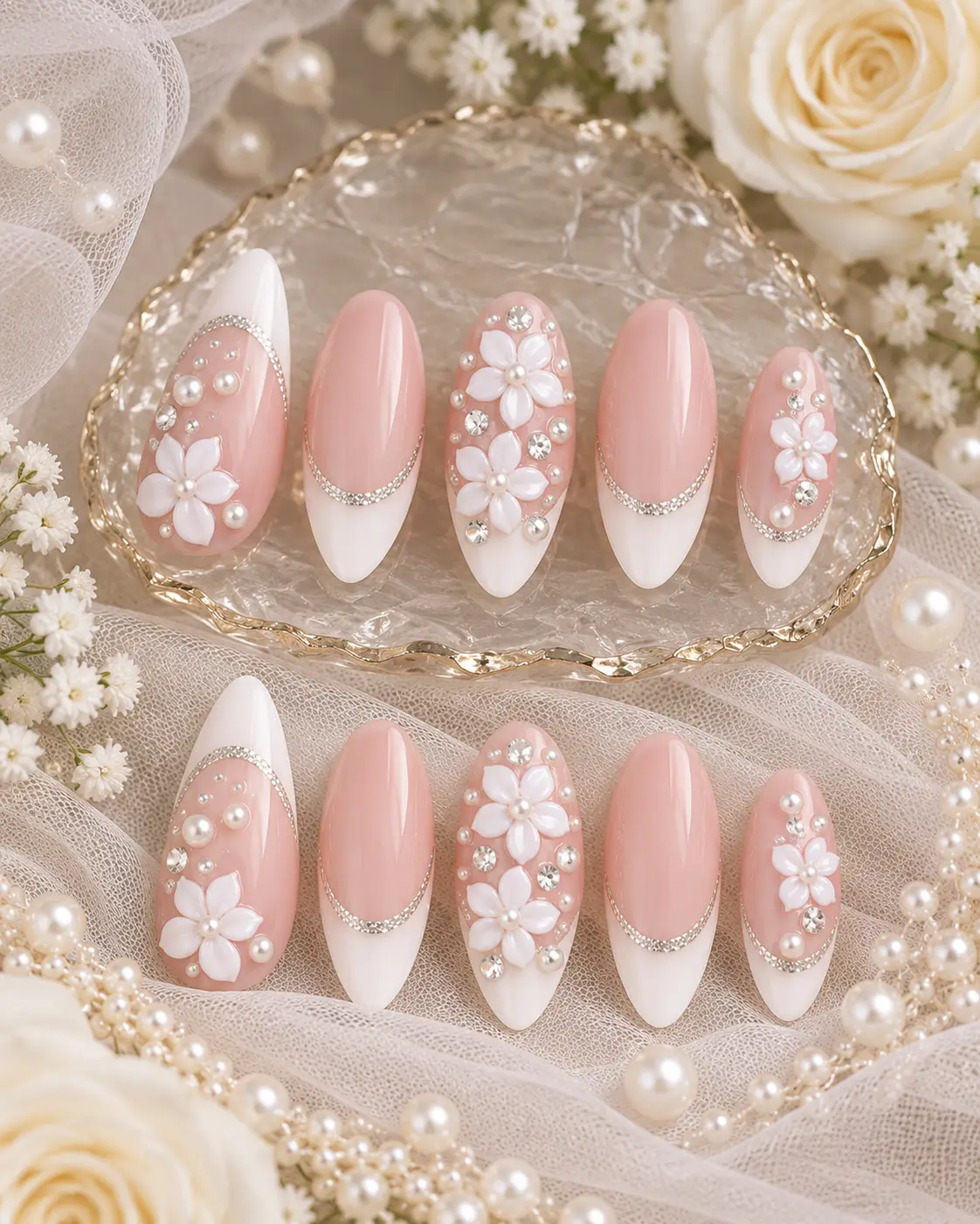 Pearled Blush Bridal French Manicure