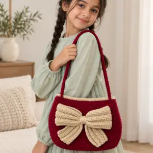 Burgundy Crochet Shoulder Bag with Ivory Statement Bow
