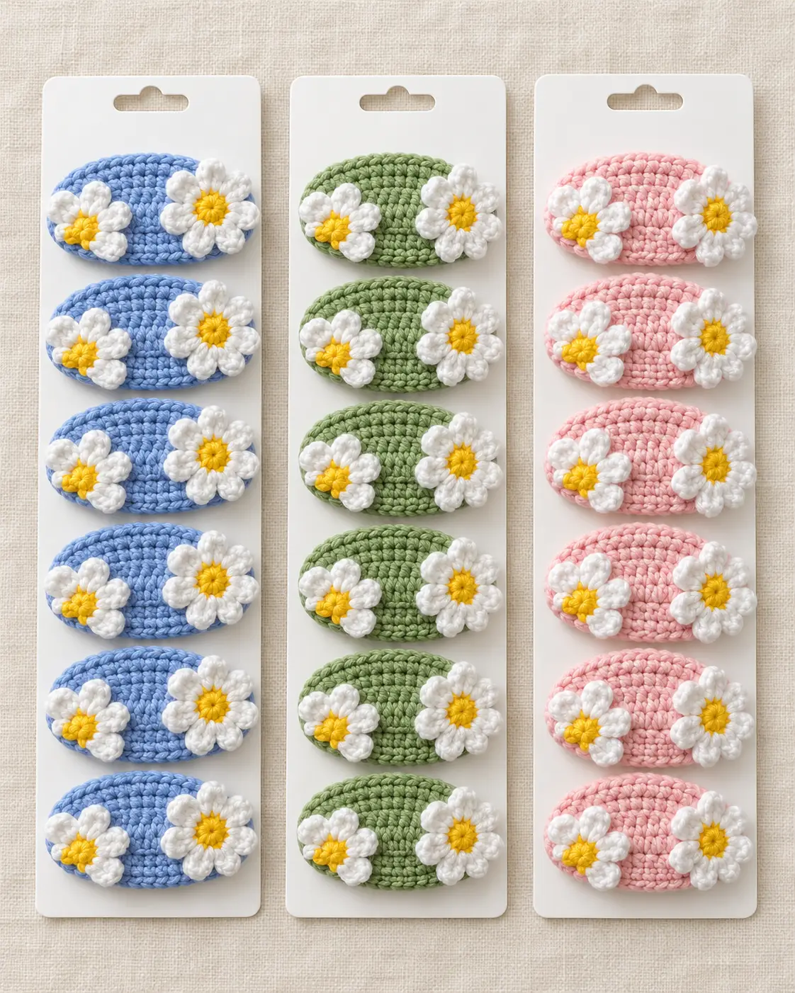 Girl with crochet daisies at clean table