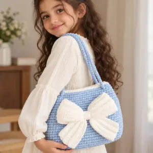 Sky Blue Crochet Shoulder Bag with Ivory Statement Bow