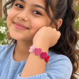 Pink & Red Crochet Heart Bracelet with Adjustable Chain